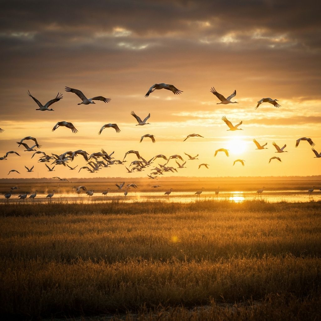 Sandhill cranes in flight over wetlands